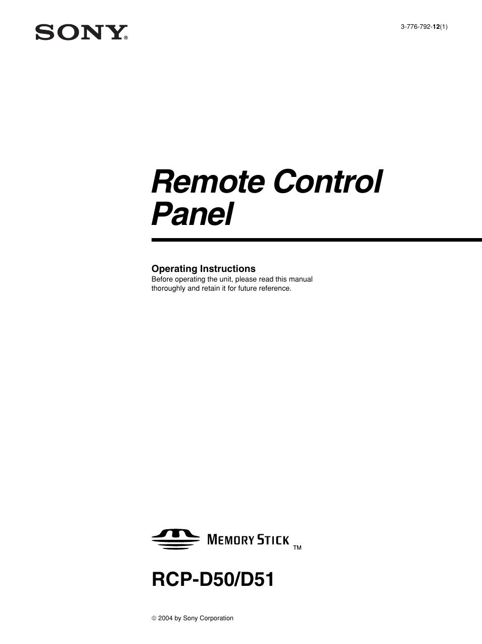 Sony Remote Control Panel RCP-D50/D51 User Manual | 62 pages