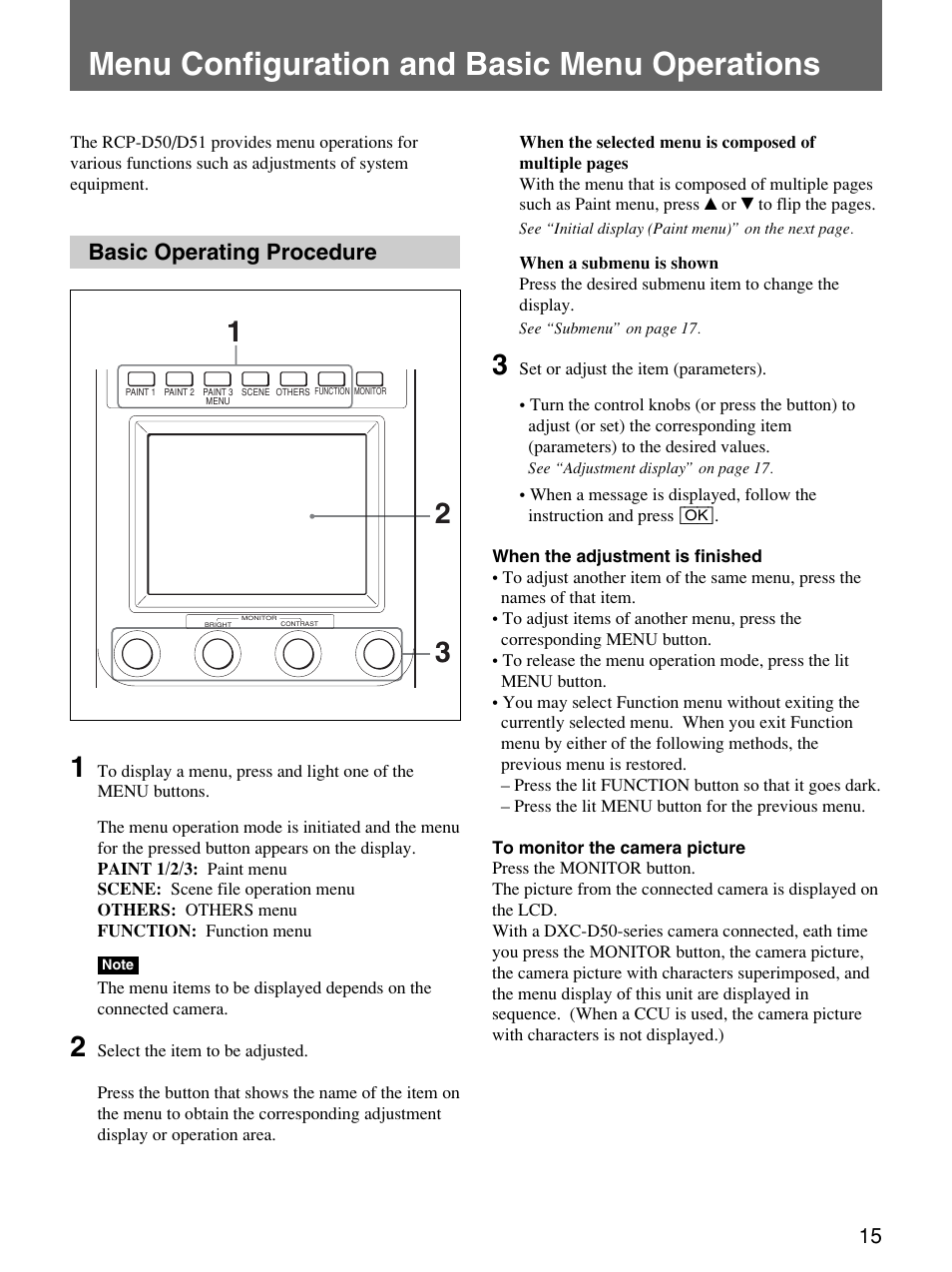 Menu configuration and basic menu operations, Basic operating procedure | Sony Remote Control Panel RCP-D50/D51 User Manual | Page 15 / 62