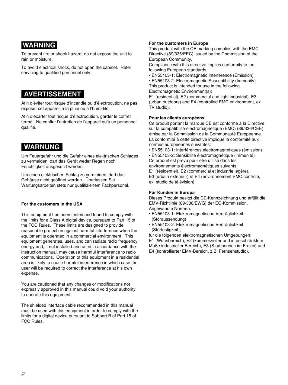 Warning, Avertissement, Warnung | Sony Remote Control Panel RCP-D50/D51 User Manual | Page 2 / 62