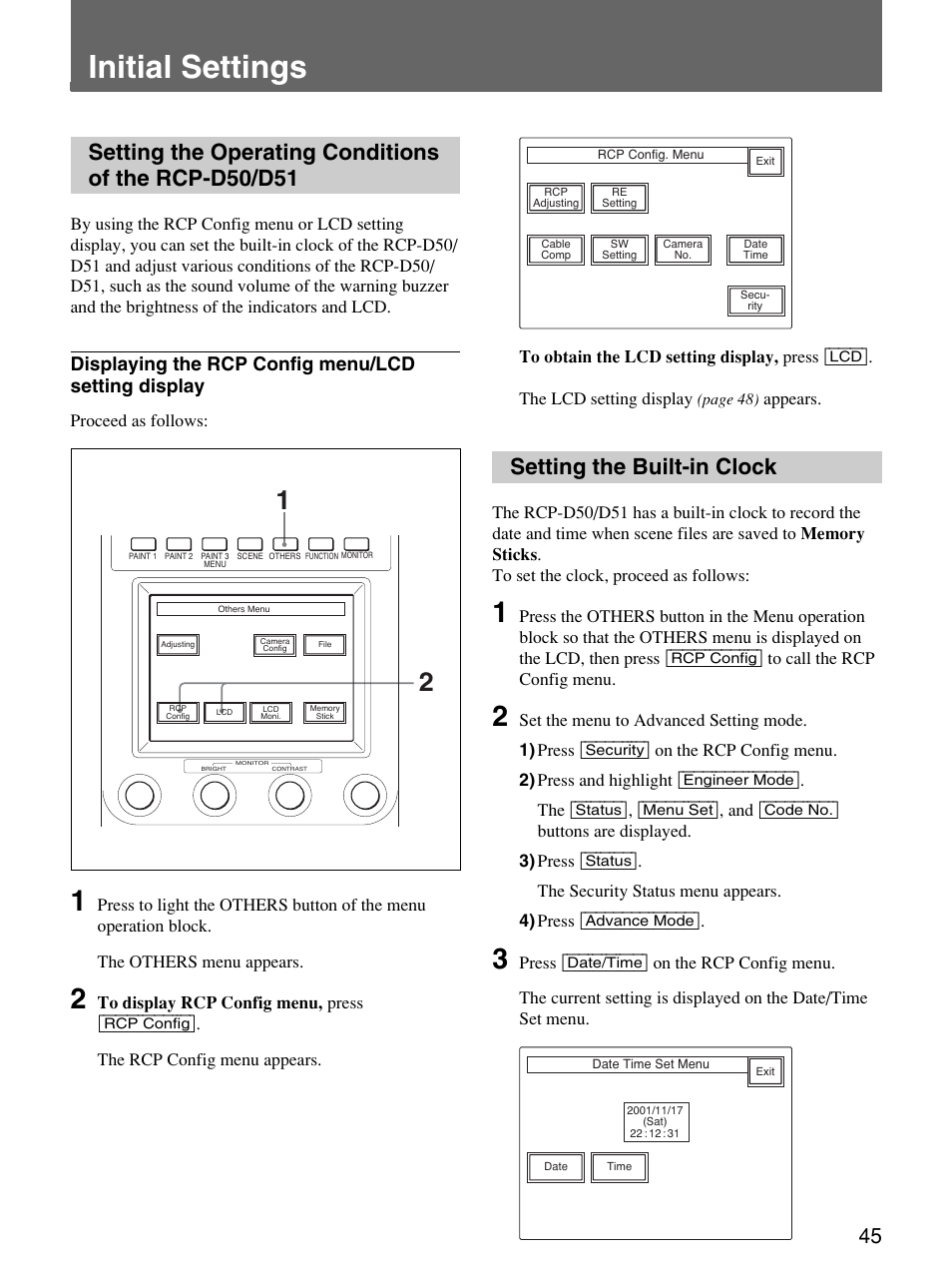 Initial settings, Setting the built-in clock, Displaying the rcp config menu/lcd setting display | Rcp config, Security, Engineer mode, Status, Menu set, Code no, Advance mode | Sony Remote Control Panel RCP-D50/D51 User Manual | Page 45 / 62