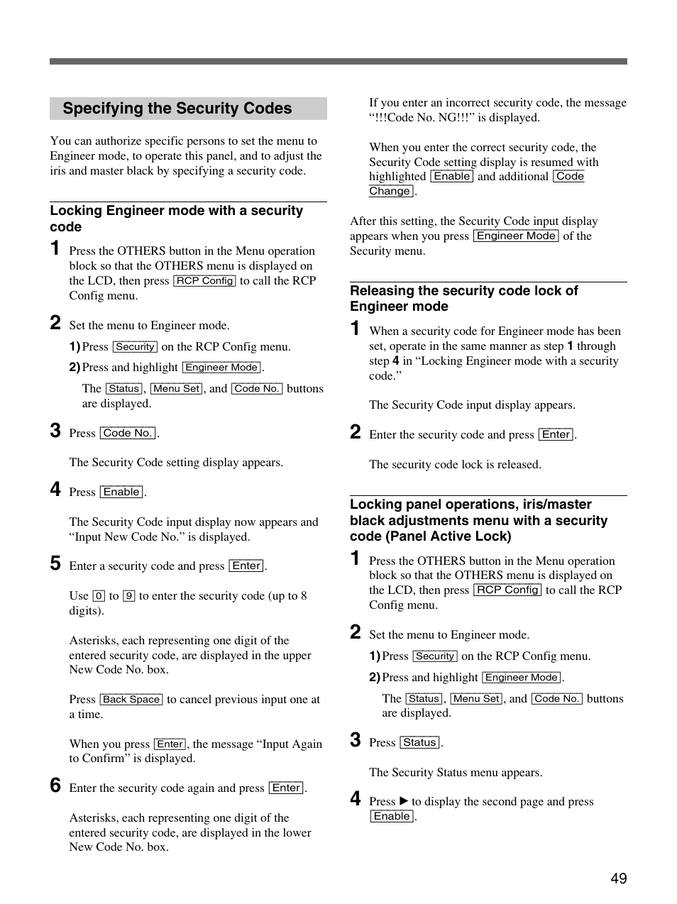 Specifying the security codes | Sony Remote Control Panel RCP-D50/D51 User Manual | Page 49 / 62