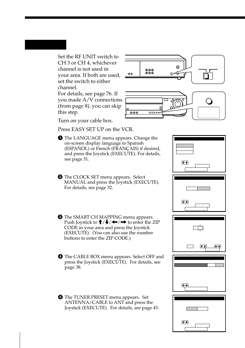 Hookup 4: vcr setup, 20 step 3: hookups (continued), Turn on your cable box | Press easy set up on the vcr, Rf unit, Getting started, Easy set up | Sony SLV-795HF User Manual | Page 20 / 88