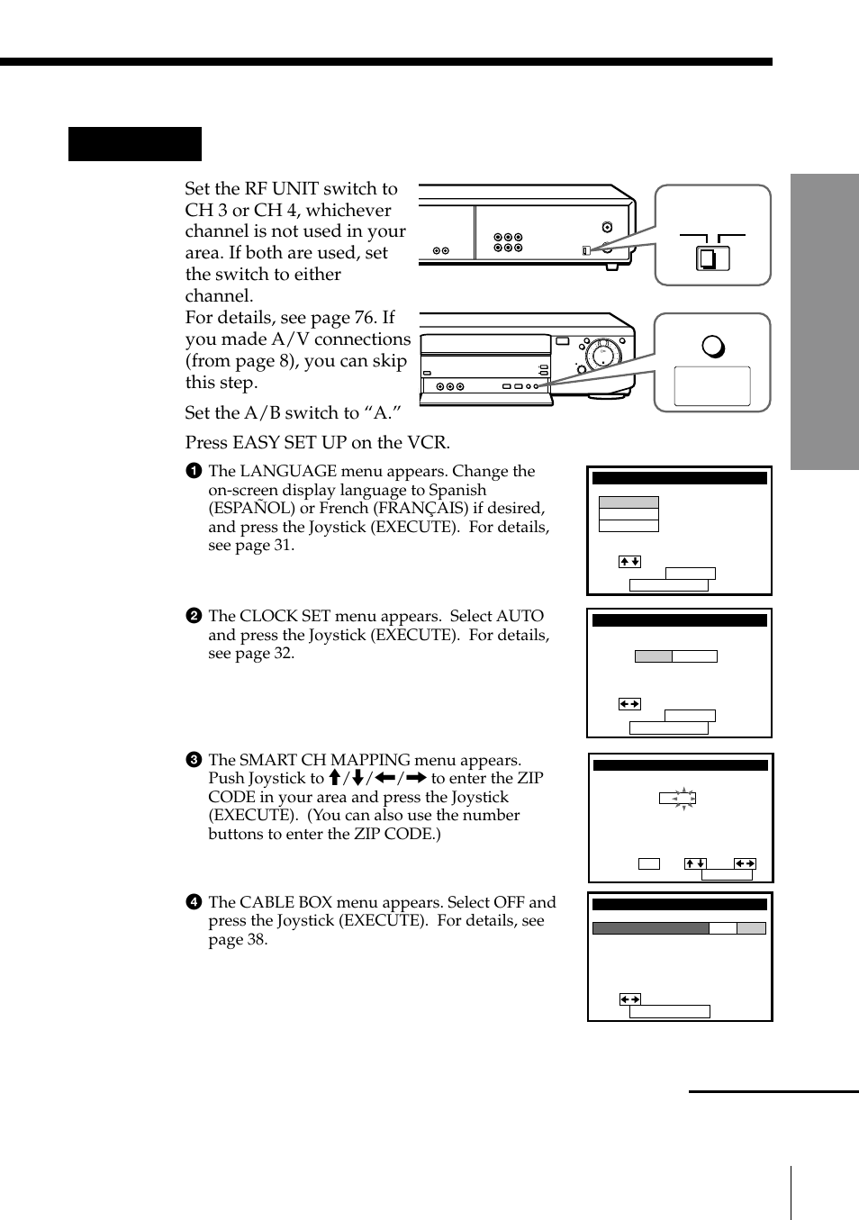 Hookup 6: vcr setup, Getting started, Set the a/b switch to “a | Press easy set up on the vcr, Rf unit, Easy set up | Sony SLV-795HF User Manual | Page 27 / 88