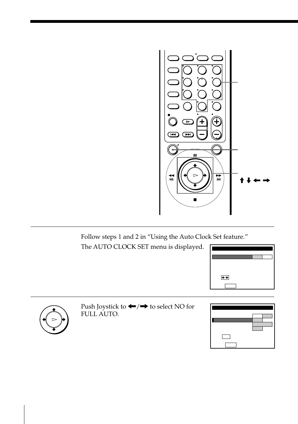 If the clock is not activated, 34 setting the clock (continued), Push joystick to ?// to select no for full auto | Sony SLV-795HF User Manual | Page 34 / 88