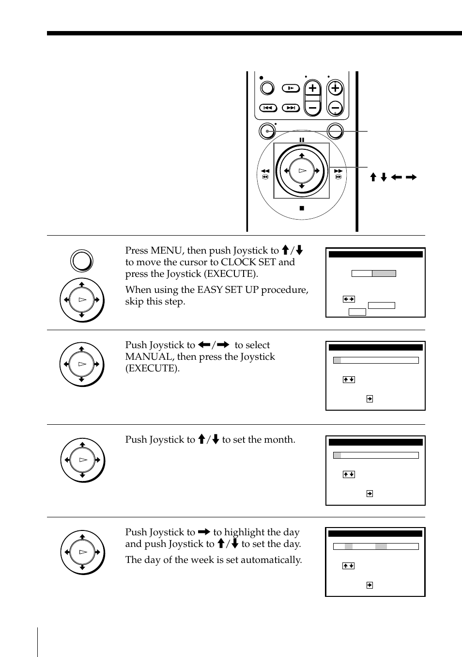 Using manual clock set, Setting the clock (continued), Push joystick to >/. to set the month | Getting started, Menu joystick > / . / ? / / / execute | Sony SLV-795HF User Manual | Page 36 / 88