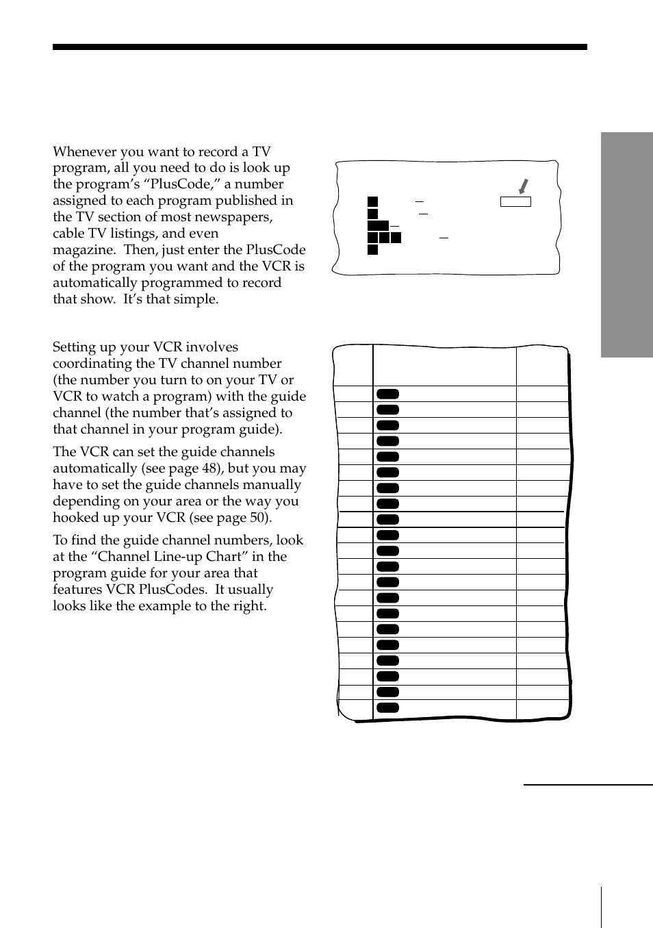 Sample, Setting up vcr plus, Getting started | Getting started example of “pluscode, Example of “channel line-up chart | Sony SLV-795HF User Manual | Page 47 / 88