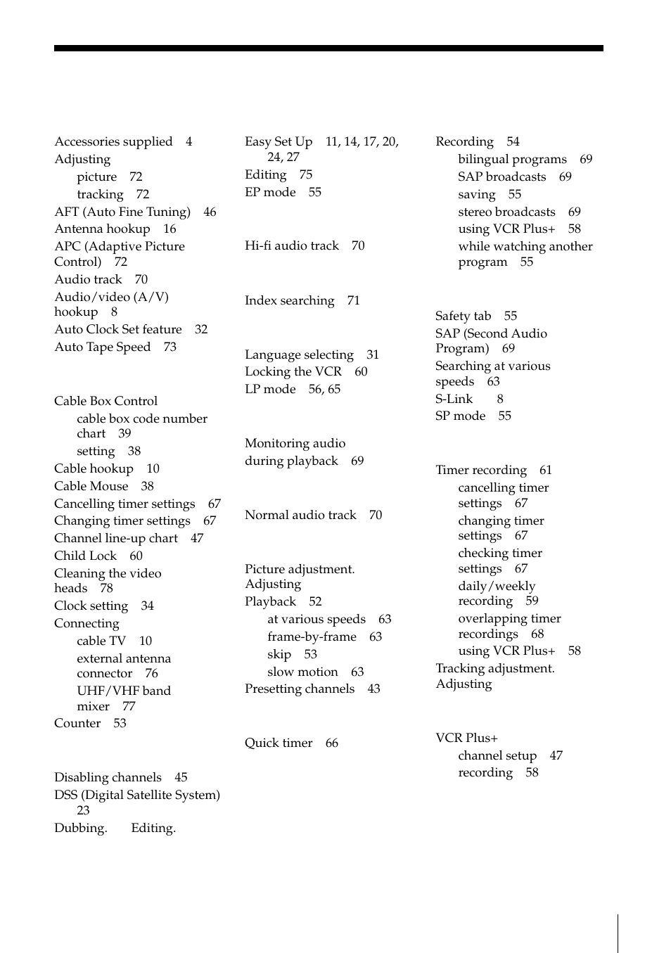Index, A, b, E, f, g | I, j, k, N, o, T, u, V, w, x, y, z | Sony SLV-795HF User Manual | Page 87 / 88
