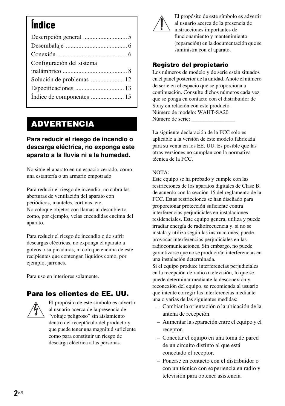 Advertencia, Índice | Sony WAHT-SA20 User Manual | Page 30 / 44