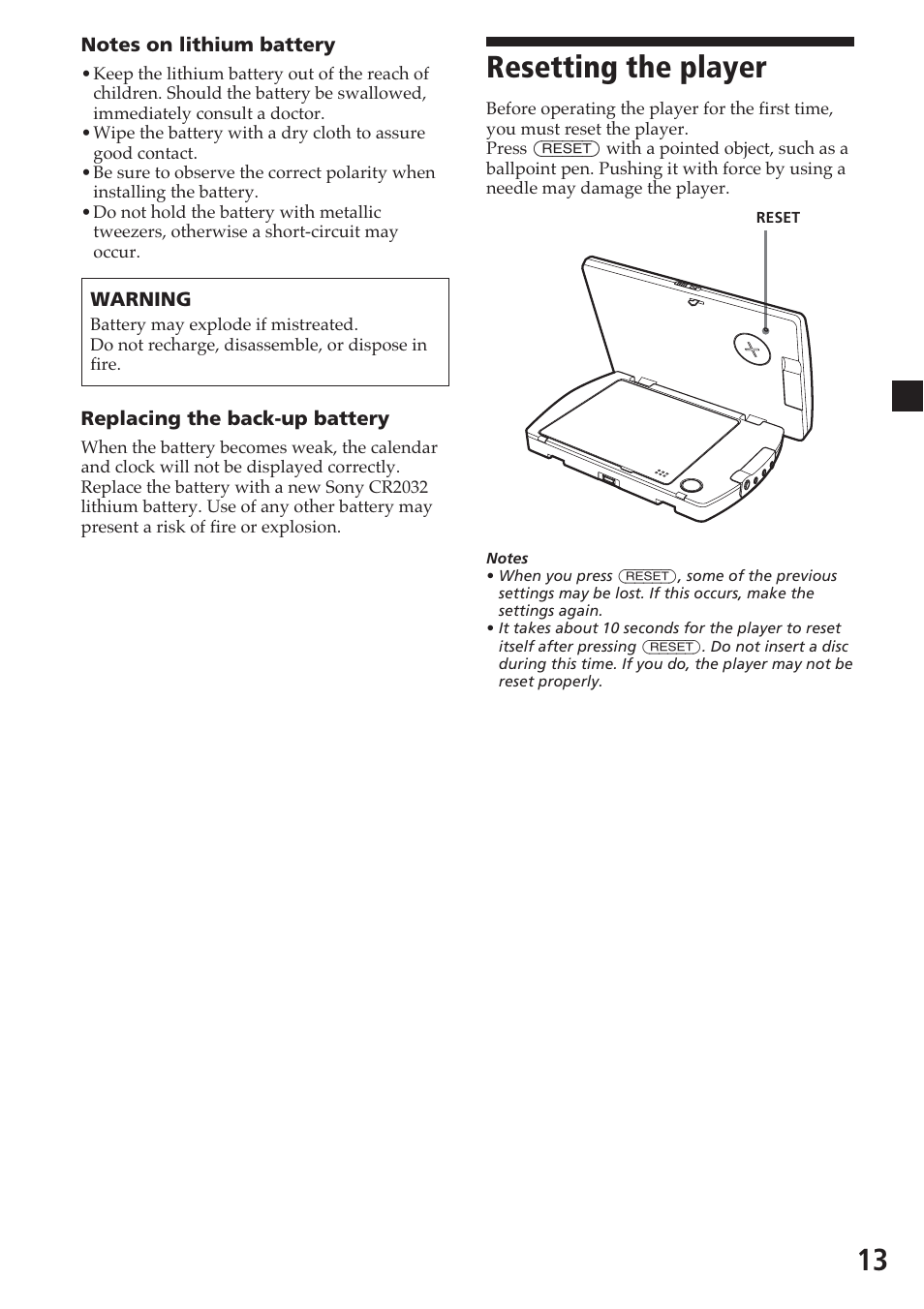 Resetting the player | Sony MV-700HR User Manual | Page 13 / 148