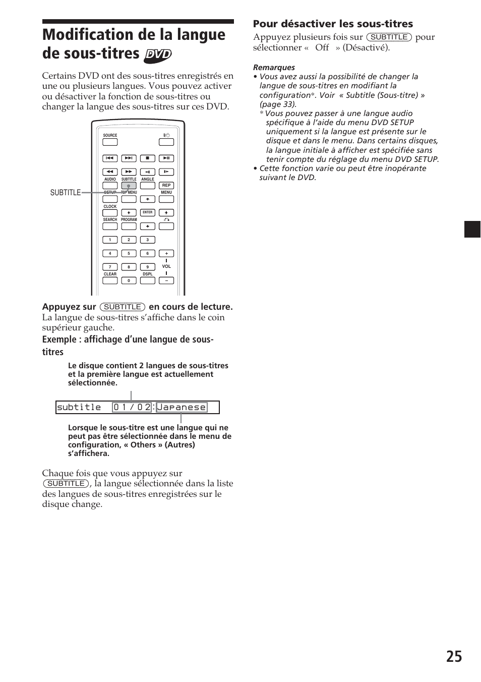 Modification de la langue de sous-titres, 25 modification de la langue de sous-titres, Pour désactiver les sous-titres | Exemple : affichage d’une langue de sous- titres, Subtitle | Sony MV-700HR User Manual | Page 73 / 148