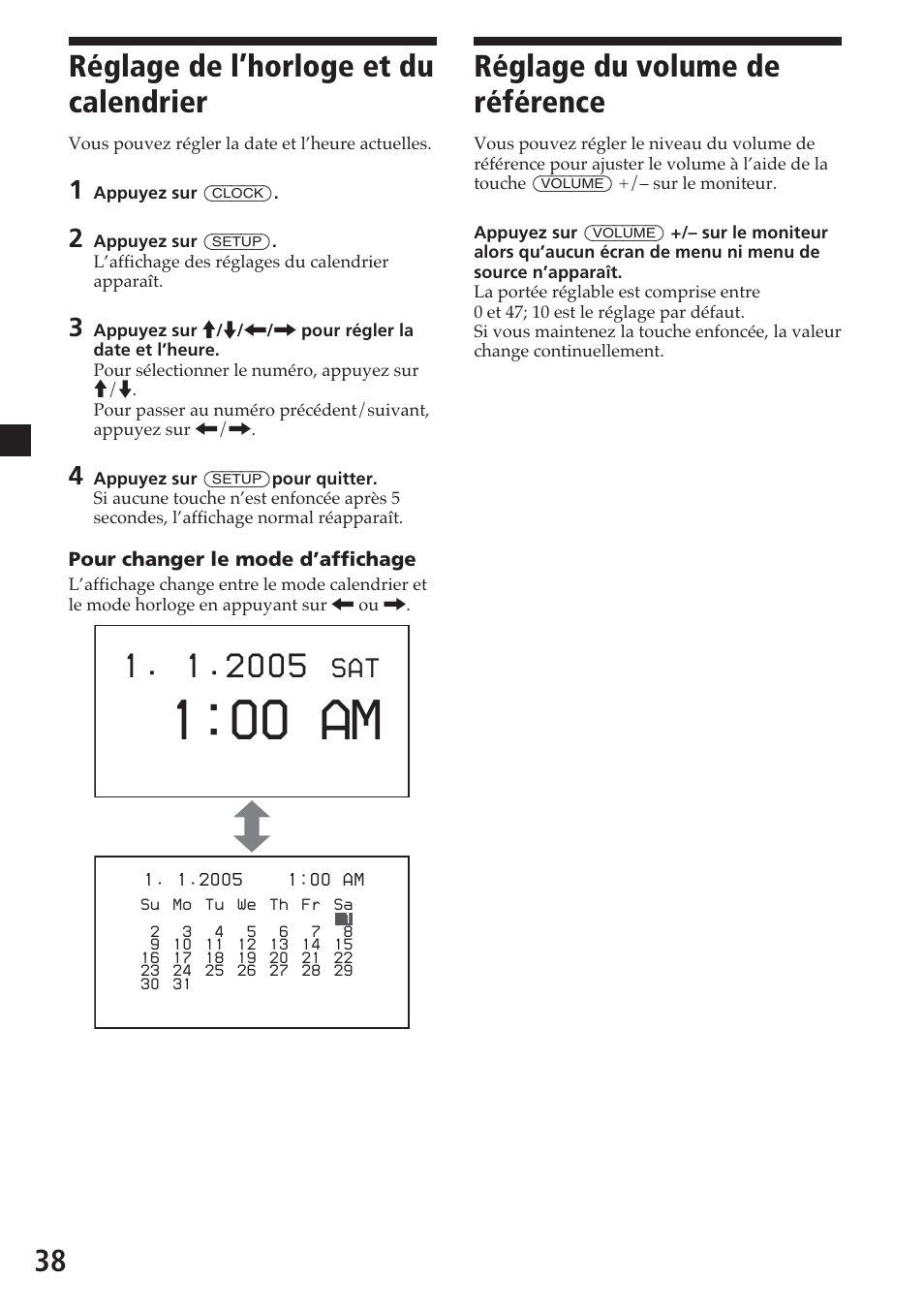 Réglage de l’horloge et du calendrier, Réglage du volume de référence, 00 am | 38 réglage du volume de référence, S a t | Sony MV-700HR User Manual | Page 86 / 148