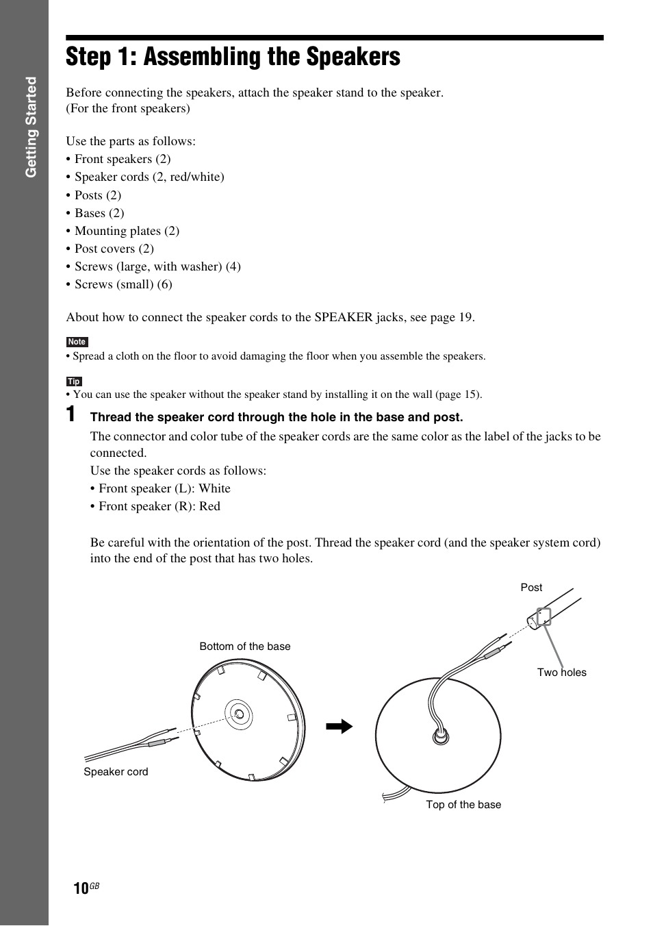 Step 1: assembling the speakers, Step 1: assembling, The speakers | Sony 3-283-040-11(1) User Manual | Page 10 / 116