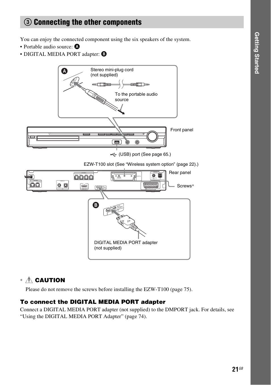 3 connecting the other components, 3connecting the other components, Ge tting star te d | Caution | Sony 3-283-040-11(1) User Manual | Page 21 / 116