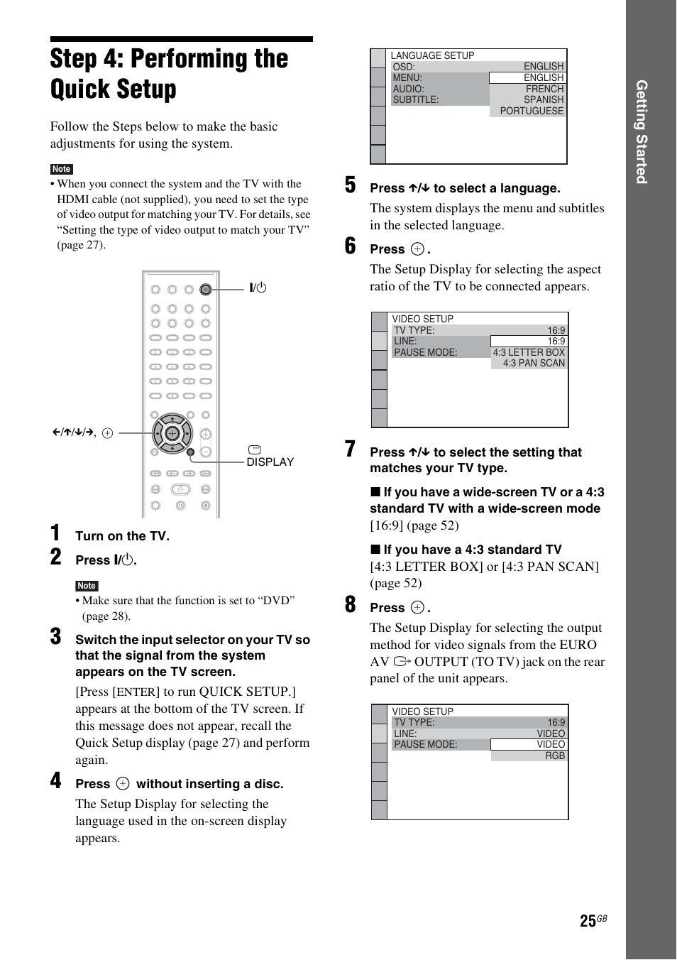 Step 4: performing the quick setup, Step 4: performing the quick, Setup | Sony 3-283-040-11(1) User Manual | Page 25 / 116