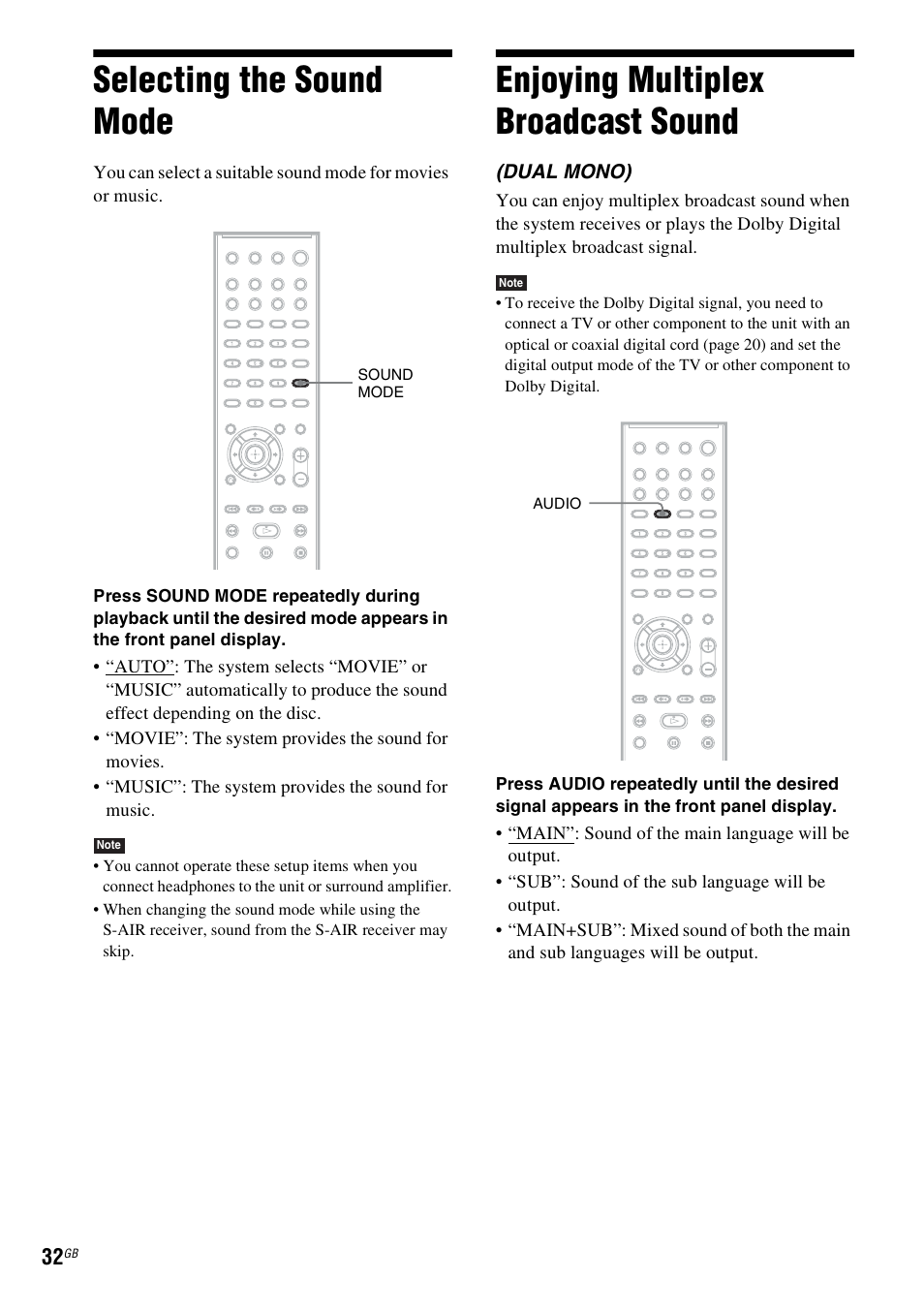 Selecting the sound mode, Enjoying multiplex broadcast sound | Sony 3-283-040-11(1) User Manual | Page 32 / 116