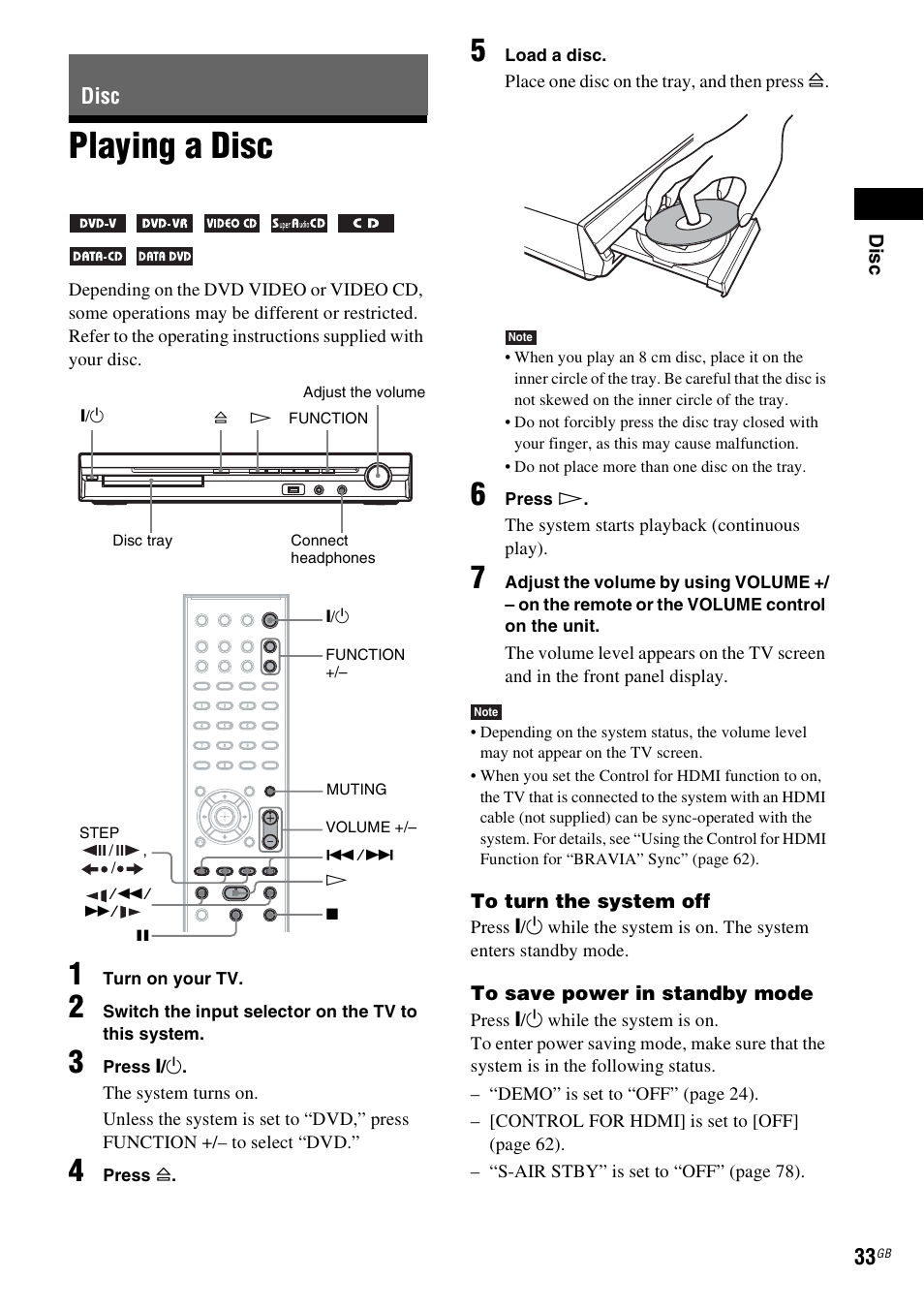 Disc, Playing a disc | Sony 3-283-040-11(1) User Manual | Page 33 / 116