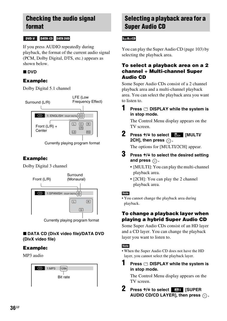 Checking the audio signal format, Selecting a playback area for a super audio cd | Sony 3-283-040-11(1) User Manual | Page 36 / 116