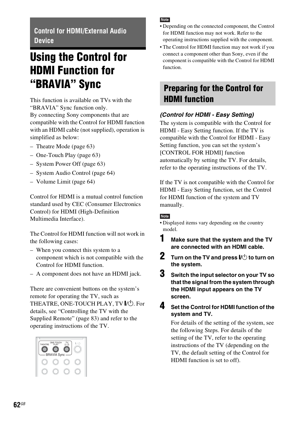 Control for hdmi/external audio device, Preparing for the control for hdmi function, Using the control for hdmi function for | Bravia” sync | Sony 3-283-040-11(1) User Manual | Page 62 / 116
