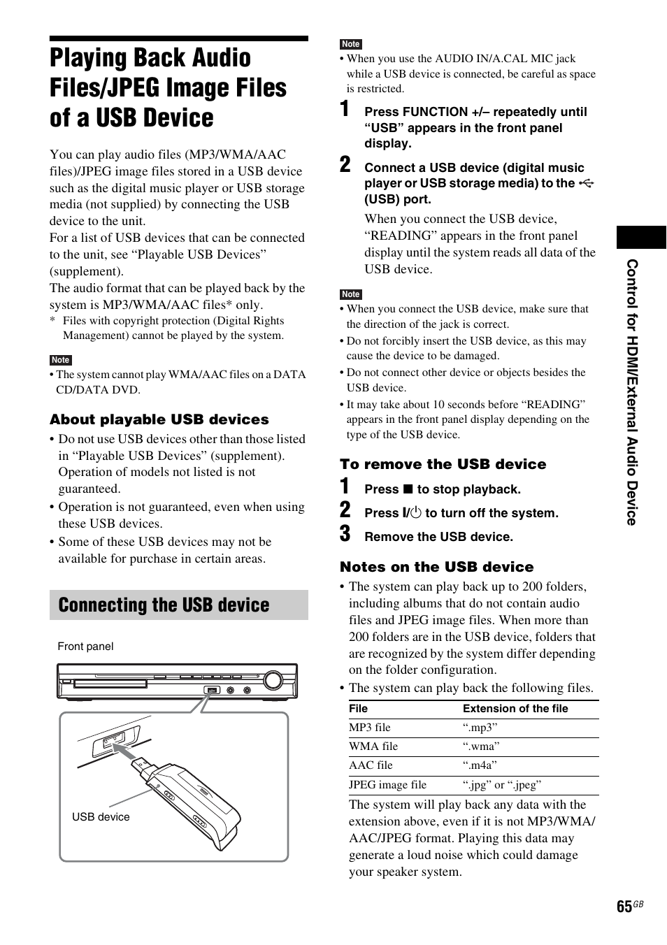 Connecting the usb device, Playing back audio files/jpeg image, Files of a usb device | Sony 3-283-040-11(1) User Manual | Page 65 / 116