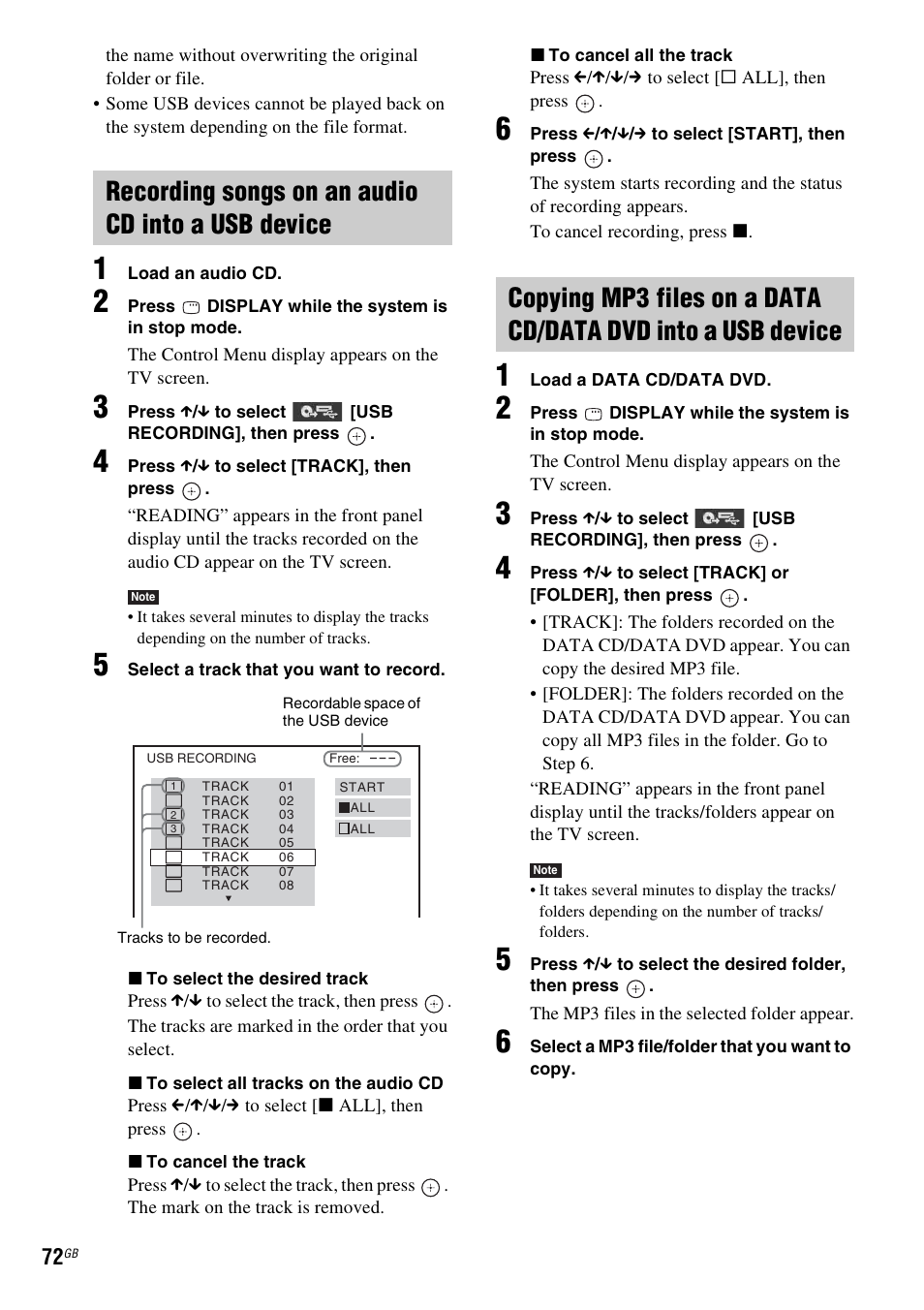 Recording songs on an audio cd into a usb device | Sony 3-283-040-11(1) User Manual | Page 72 / 116