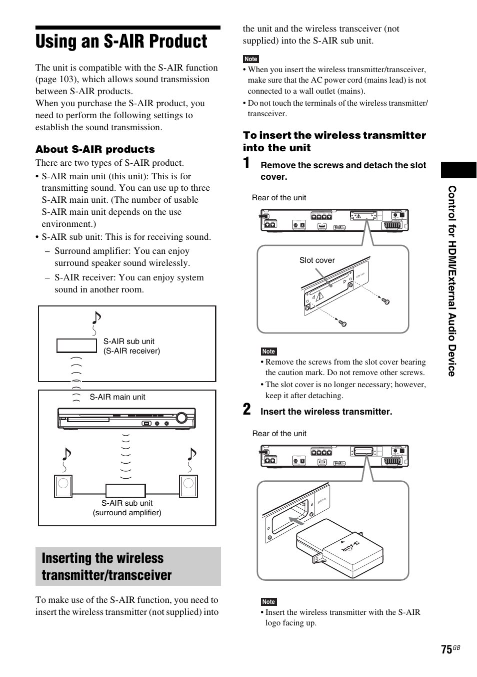 Using an s-air product, Inserting the wireless transmitter/transceiver, About s-air products | Remove the screws and detach the slot cover, Insert the wireless transmitter, Rear of the unit slot cover, Rear of the unit | Sony 3-283-040-11(1) User Manual | Page 75 / 116