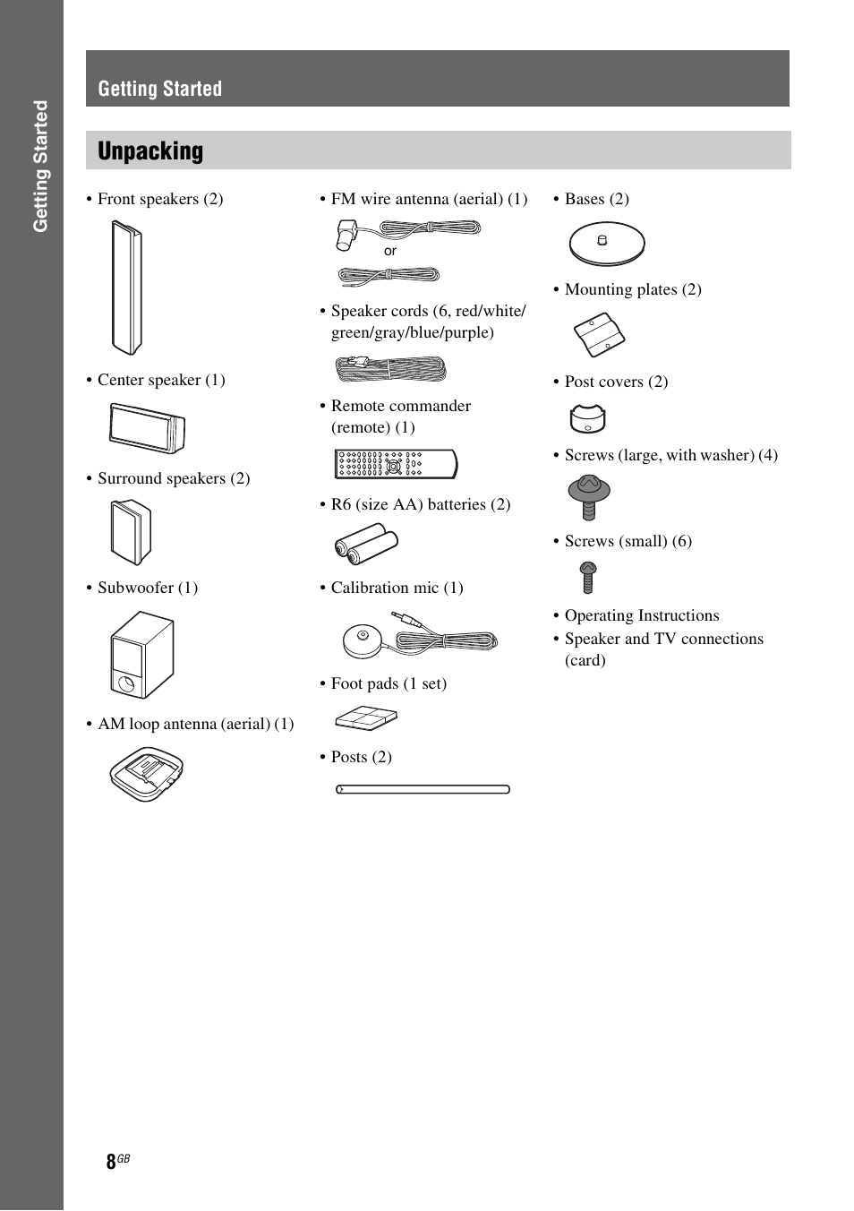 Getting started, Unpacking | Sony 3-283-040-11(1) User Manual | Page 8 / 116
