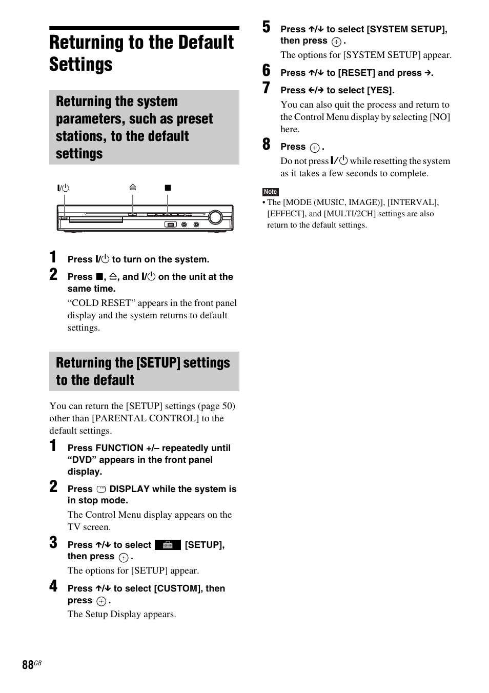 Returning to the default settings, Returning the [setup] settings to the default | Sony 3-283-040-11(1) User Manual | Page 88 / 116