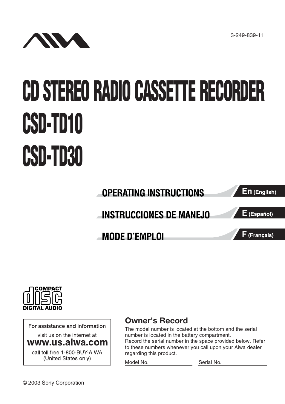 Sony CSD-TD30 User Manual | 10 pages