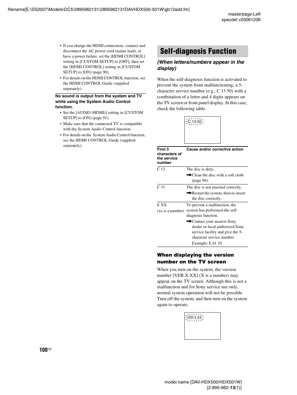 Self-diagnosis function, When letters/numbers appear in the display) | Sony DAV-HDX500 User Manual | Page 100 / 120
