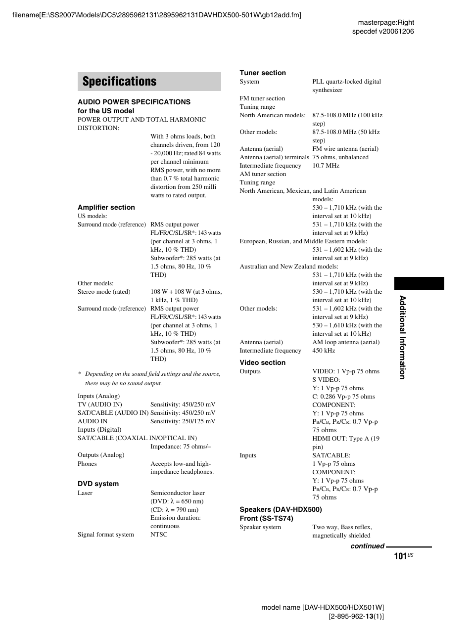 Specifications | Sony DAV-HDX500 User Manual | Page 101 / 120