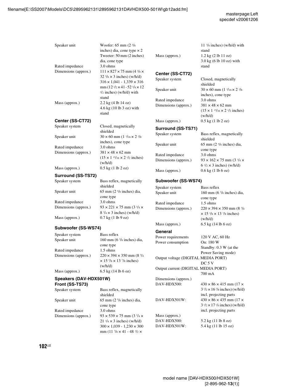 Sony DAV-HDX500 User Manual | Page 102 / 120