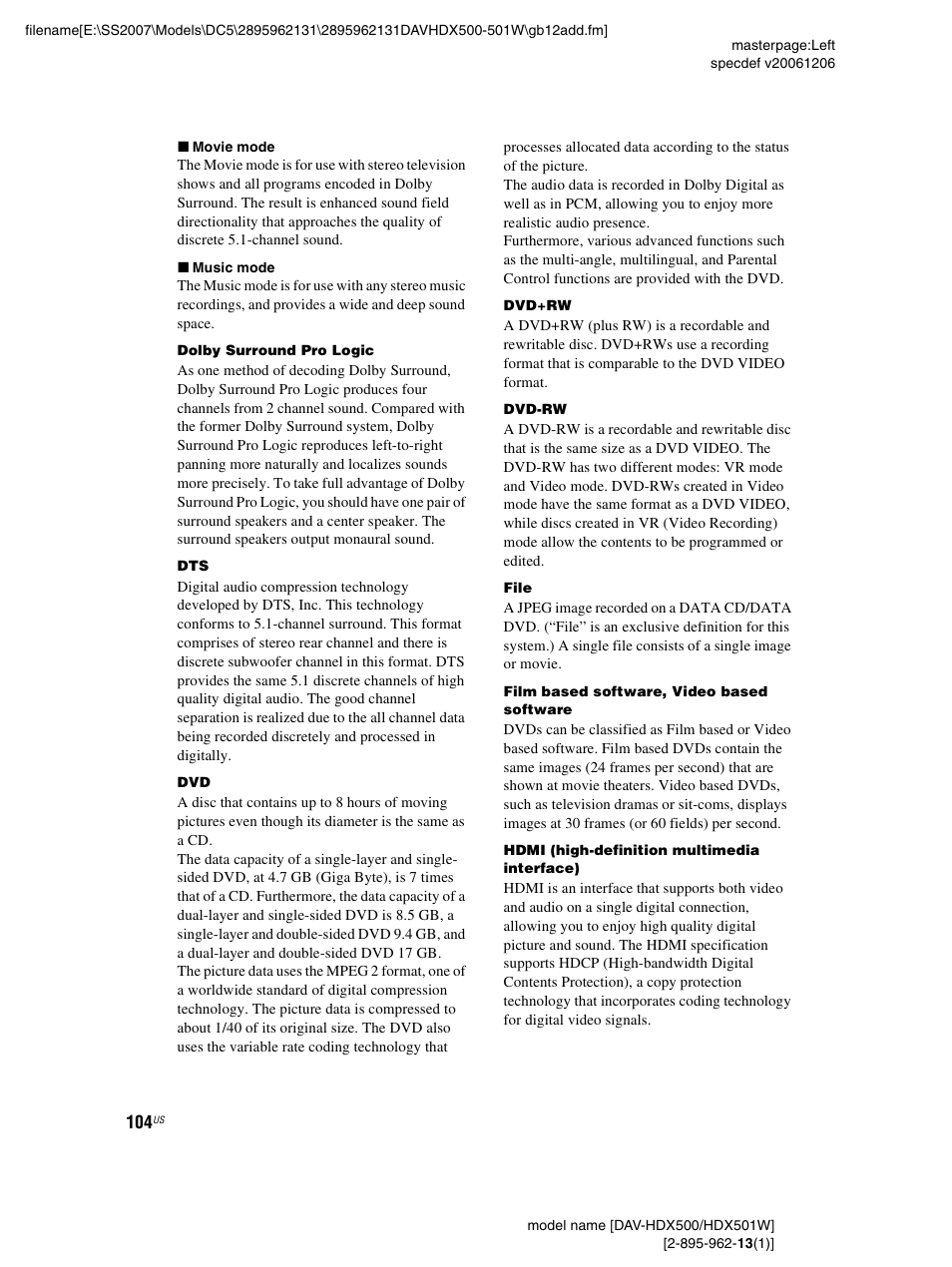 Sony DAV-HDX500 User Manual | Page 104 / 120