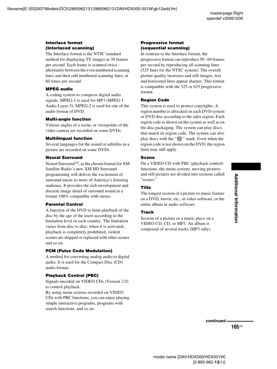 Sony DAV-HDX500 User Manual | Page 105 / 120