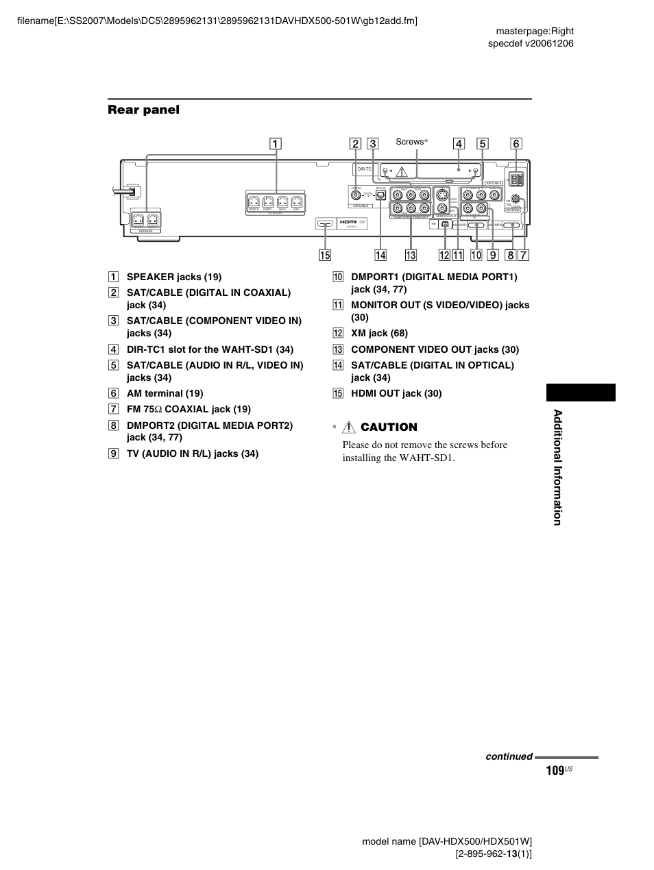 Rear panel, Ad dit iona l inf o rma tion, Caution | Continued, Screws | Sony DAV-HDX500 User Manual | Page 109 / 120