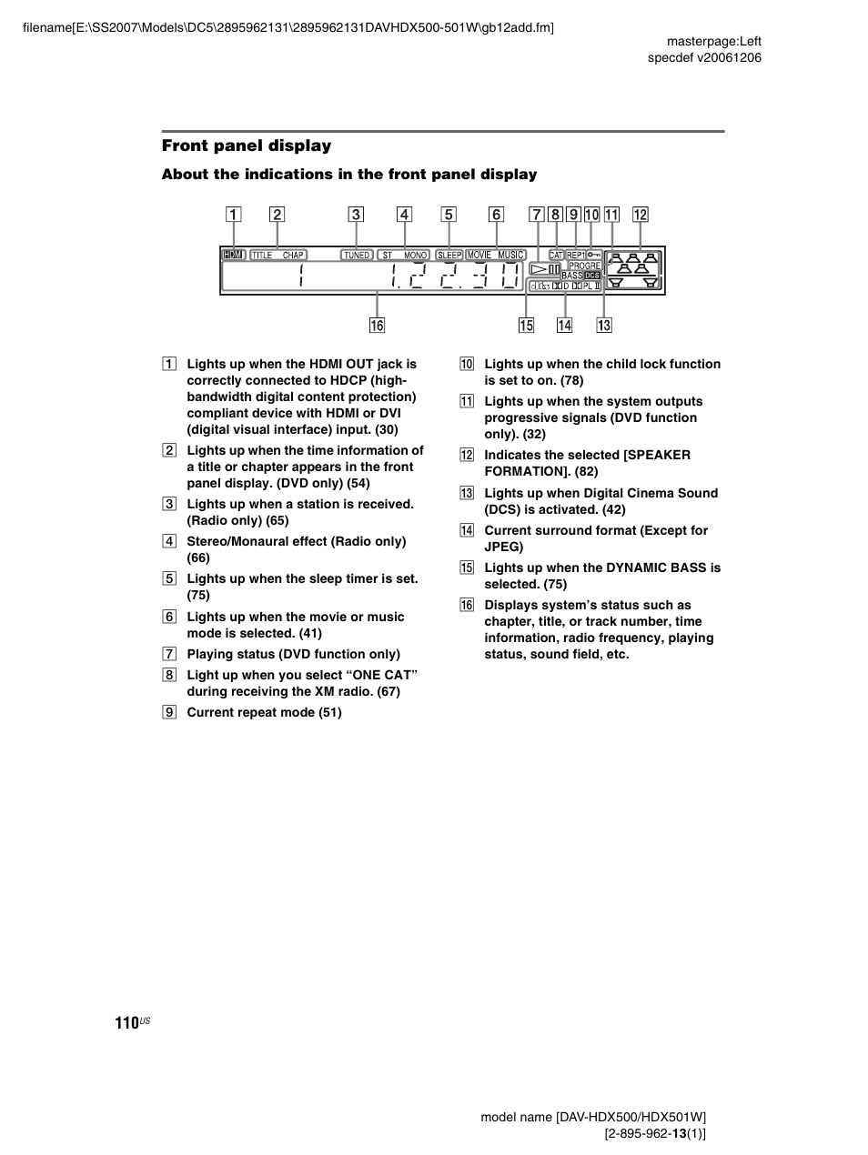 Front panel display, Ay (110) | Sony DAV-HDX500 User Manual | Page 110 / 120