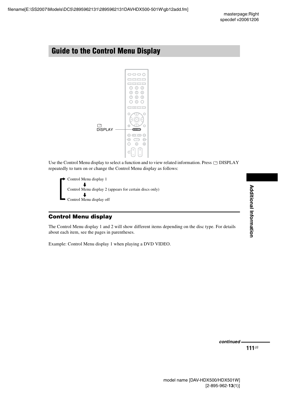 Guide to the control menu display, Control menu display | Sony DAV-HDX500 User Manual | Page 111 / 120
