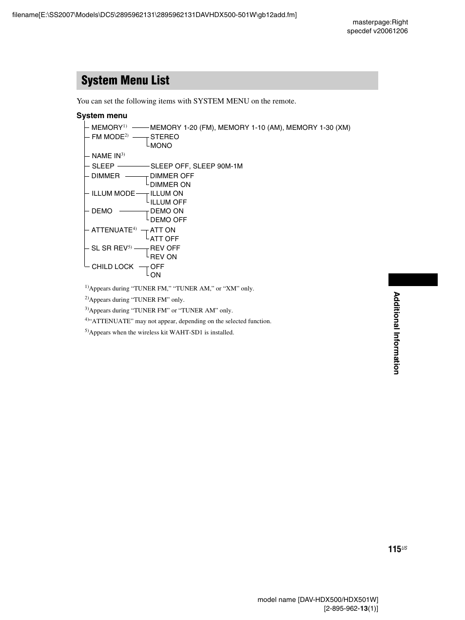 System menu list | Sony DAV-HDX500 User Manual | Page 115 / 120