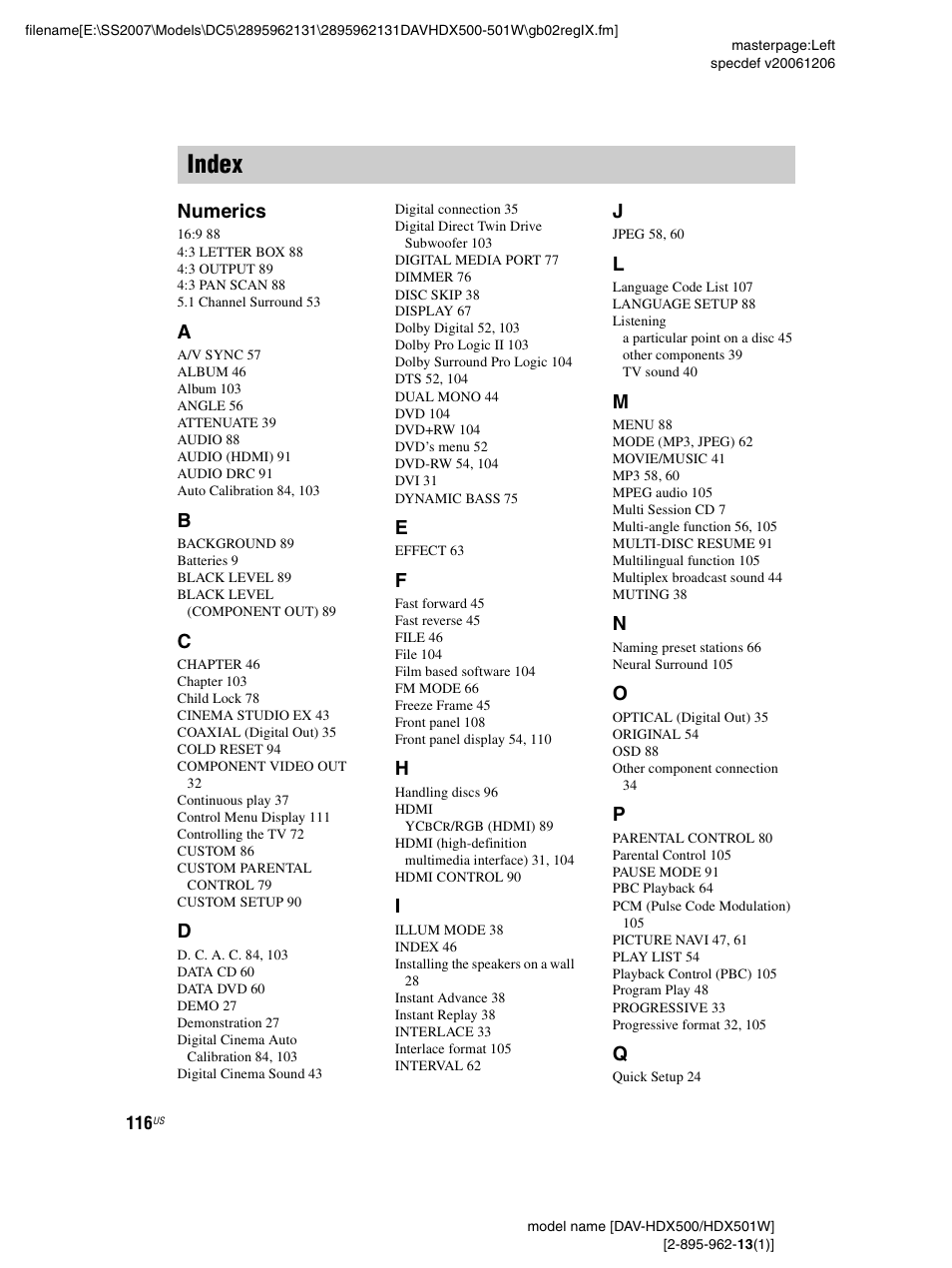 Index, Numerics | Sony DAV-HDX500 User Manual | Page 116 / 120