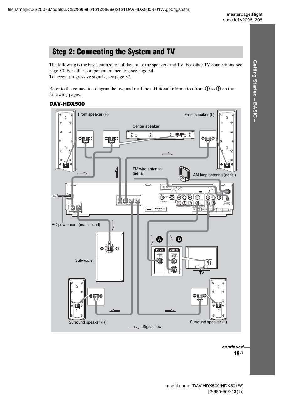 Step 2: connecting the system and tv, Step 2: connecting the system and, Gettin g star ted – b a si c | Dav-hdx500, Continued, Signal flow | Sony DAV-HDX500 User Manual | Page 19 / 120