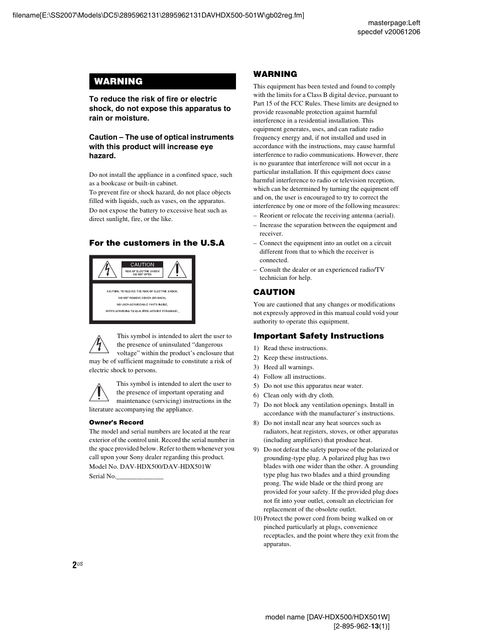 Warning | Sony DAV-HDX500 User Manual | Page 2 / 120