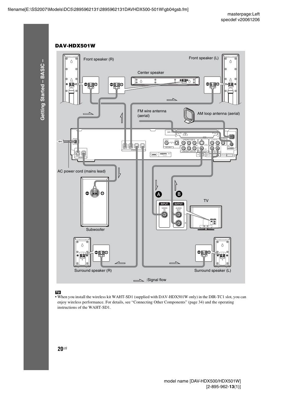 Gettin g star ted – b a si c – dav-hdx501w, Signal flow | Sony DAV-HDX500 User Manual | Page 20 / 120