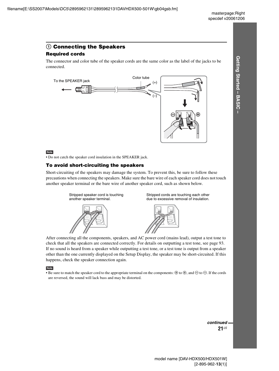 1 connecting the speakers | Sony DAV-HDX500 User Manual | Page 21 / 120