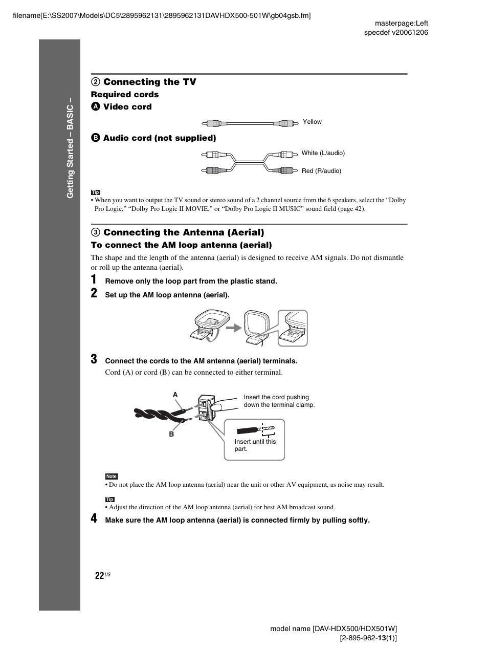 2 connecting the tv, 3 connecting the antenna (aerial) | Sony DAV-HDX500 User Manual | Page 22 / 120