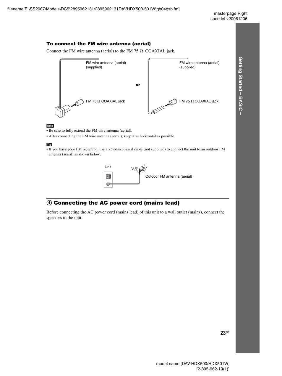 4 connecting the ac power cord (mains lead) | Sony DAV-HDX500 User Manual | Page 23 / 120