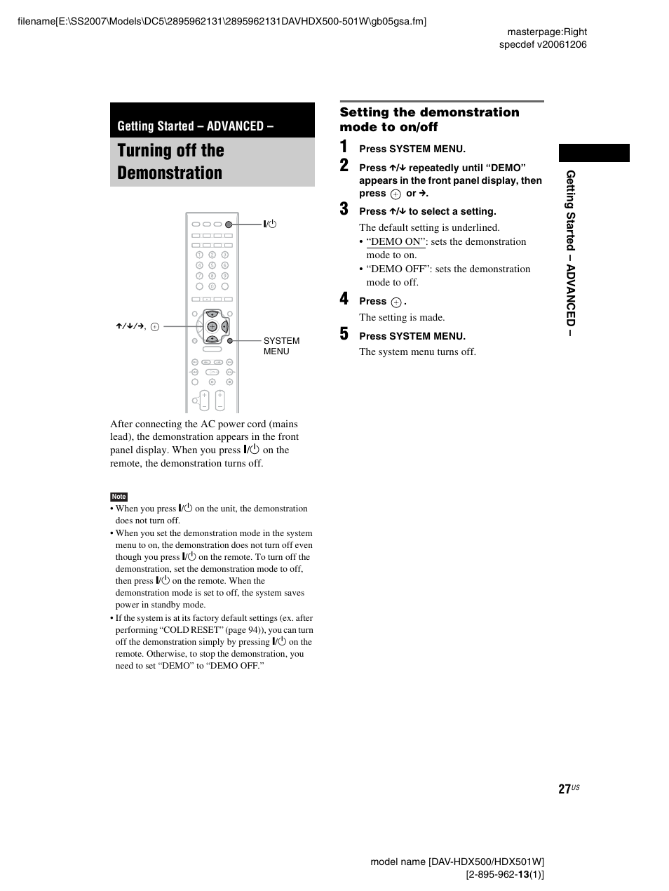 Getting started - advanced, Turning off the demonstration, Setting the demonstration mode to on/off | Getting started – advanced | Sony DAV-HDX500 User Manual | Page 27 / 120