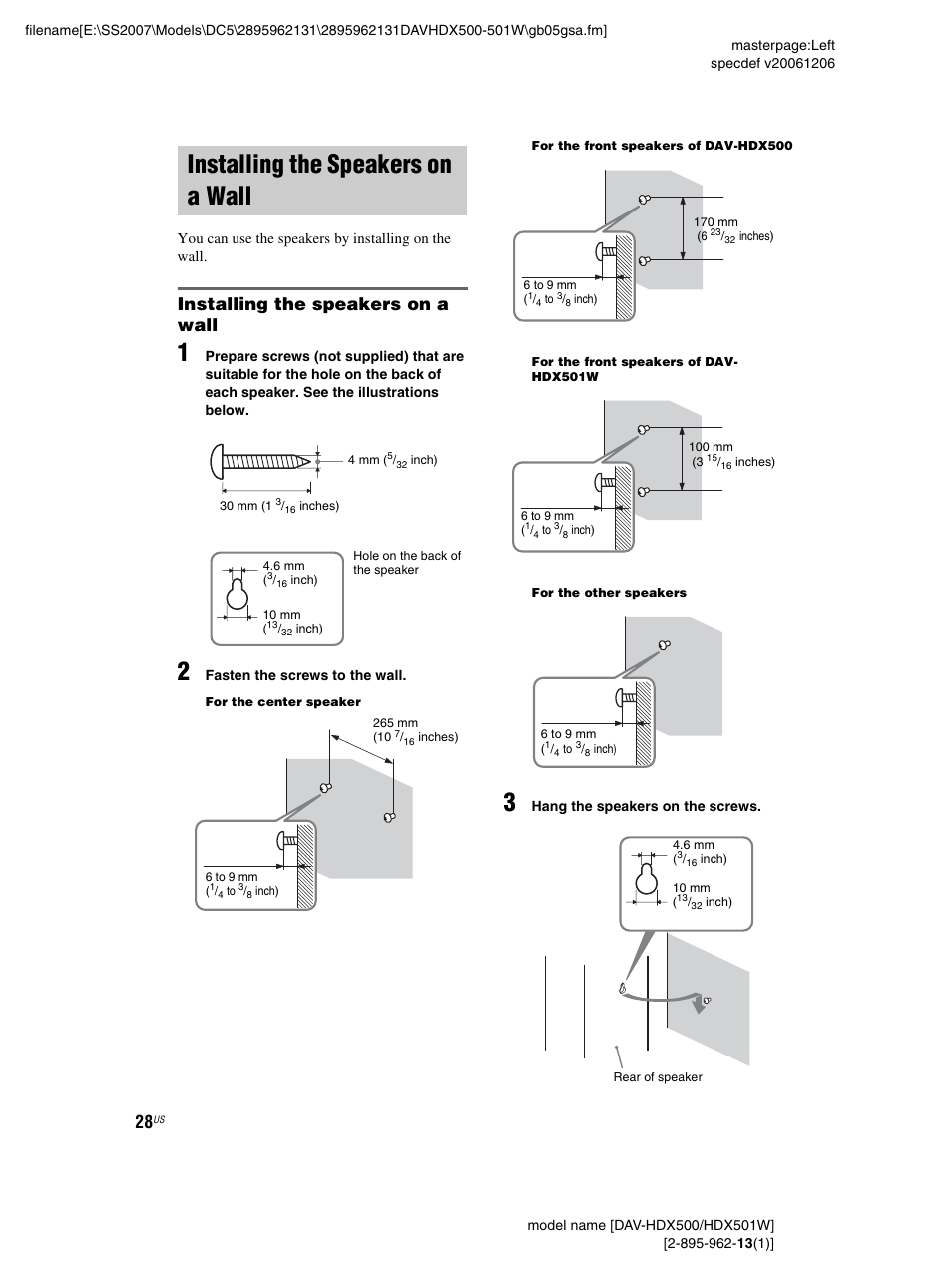 Installing the speakers on a wall | Sony DAV-HDX500 User Manual | Page 28 / 120