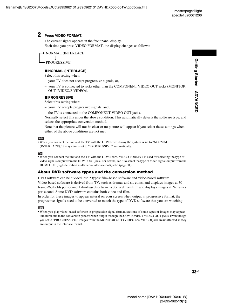 Sony DAV-HDX500 User Manual | Page 33 / 120