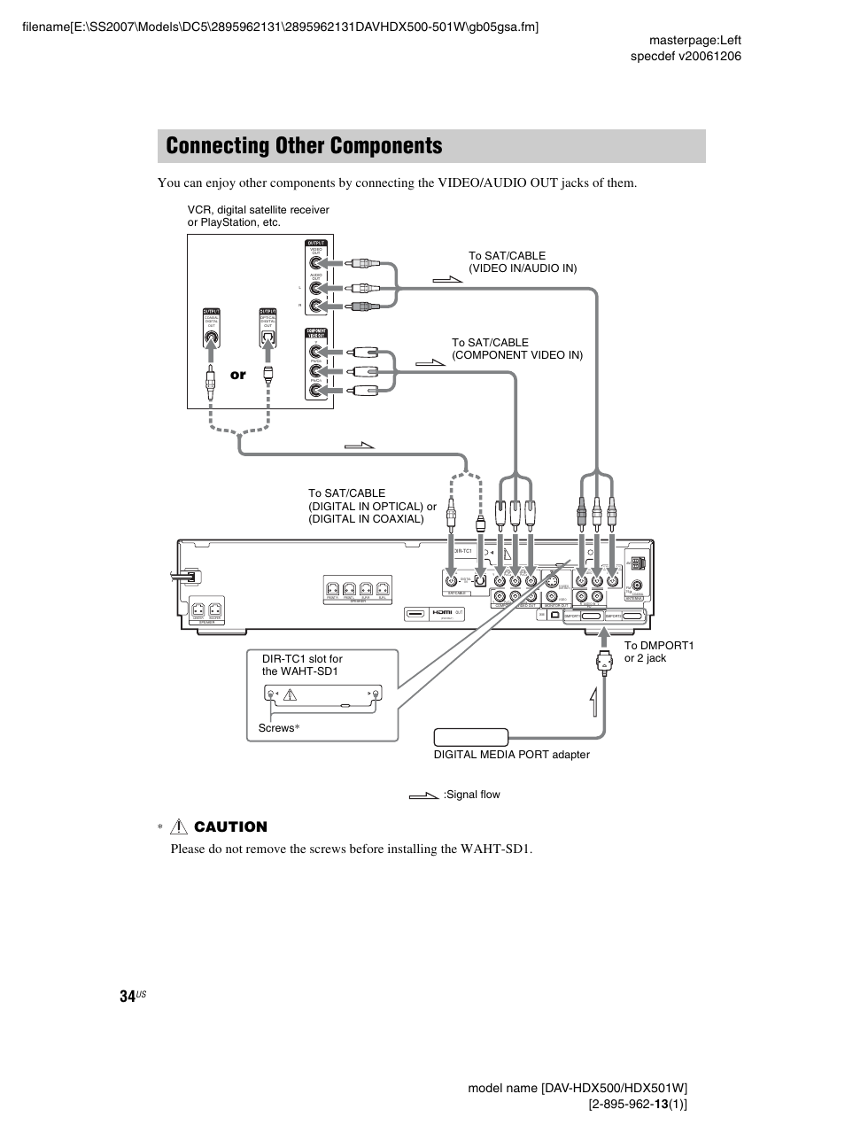 Connecting other components, Caution | Sony DAV-HDX500 User Manual | Page 34 / 120