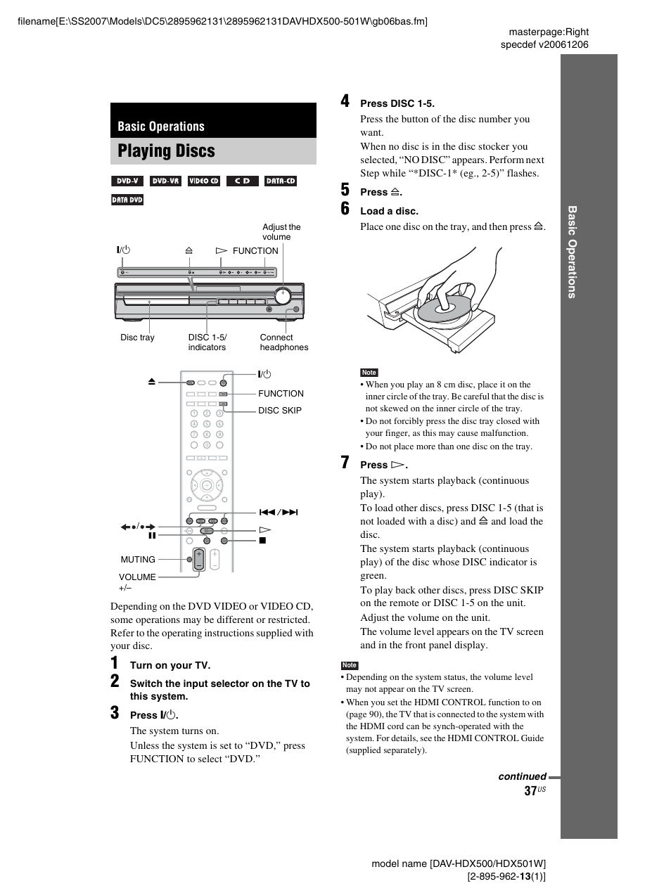 Basic operations, Playing discs | Sony DAV-HDX500 User Manual | Page 37 / 120
