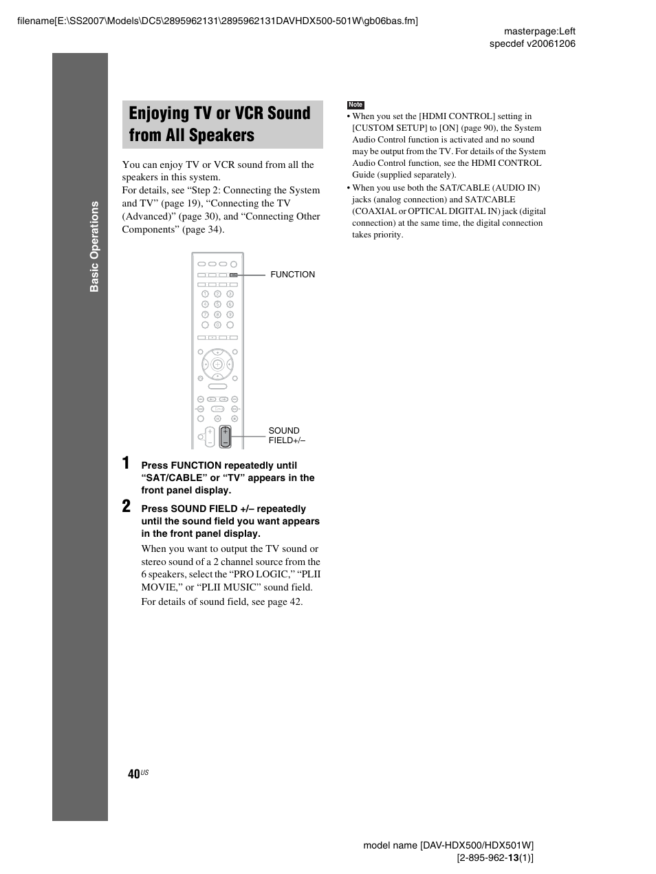 Enjoying tv or vcr sound from all speakers, Enjoying tv or vcr sound from all, Speakers | Sony DAV-HDX500 User Manual | Page 40 / 120